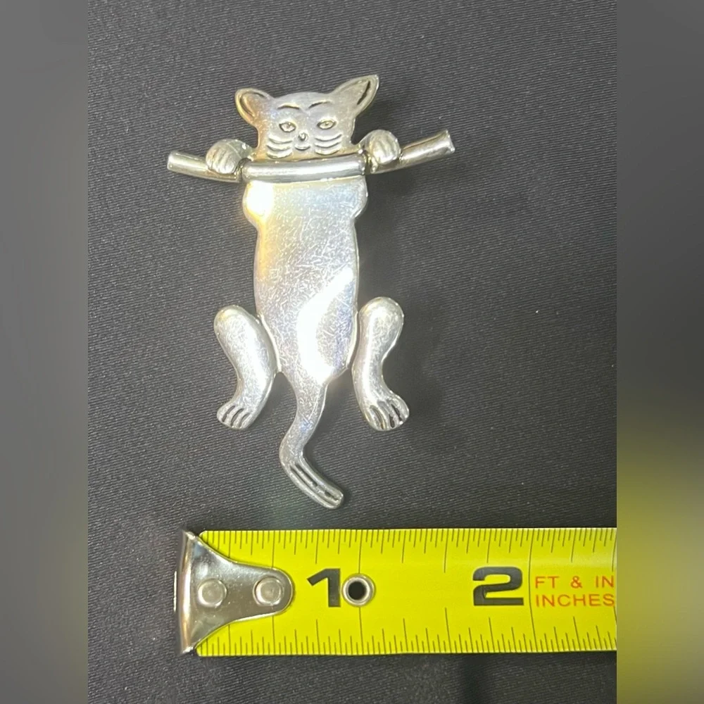 Vintage Cat Kitty Hanging from a Branch Silver Plated Brooch / Pin